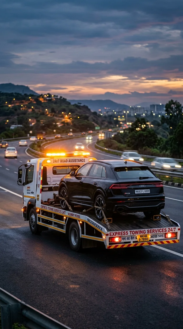 TowTime 24x7 emergency flatbed recovery truck on an Indian highway at night